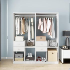 Wooden Closet System with 4 Drawers Storage Cabinet 2 Hanging Rails and Shelves Clothes Built-in Garment Rack Walk-in Closet Organizer for Bedroom Whi (Color: YG-302+302)