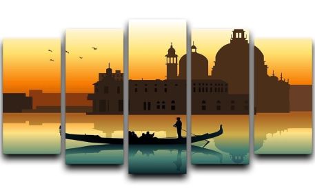 Silhouette illustration gondola in Venice 5 Split Panel Canvas (Type: Standard Framed Canvas Print (Split-Panel), size: 44" x 24" / 115cm x 65cm (Approx))